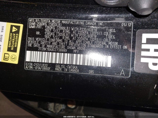 Продажа на аукционе авто 2012 Lexus Rx 350, vin: 2T2BK1BAXCC138889, номер лота: 45654814