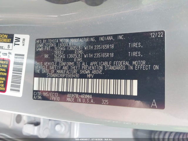 5TDABRCH9PS569490 Toyota Highlander Hybrid Xle Bronze