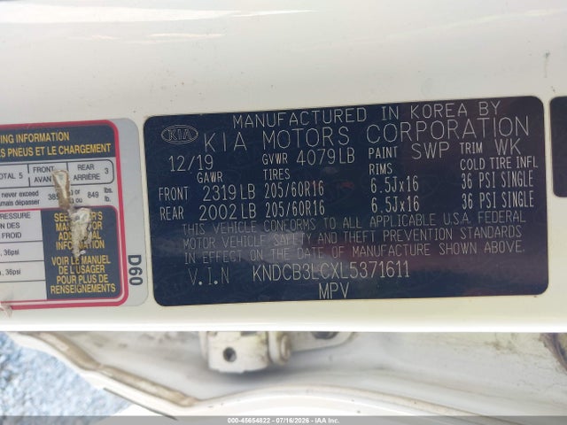 45654822 :رقم المزاد ، KNDCB3LCXL5371611 vin ، 2020 Kia Niro Lx مزاد بيع