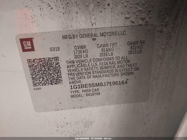 45654869 :رقم المزاد ، 1G1BE5SM8J7196164 vin ، 2018 Chevrolet Cruze Lt Auto مزاد بيع