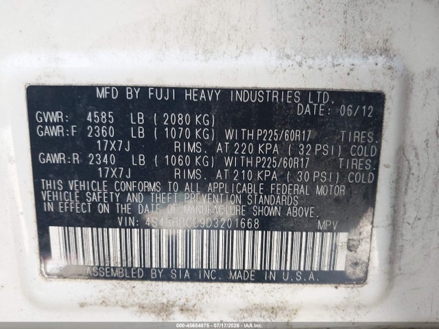 2013 Subaru Outback 2.5i Premium მანქანა იყიდება აუქციონზე, vin: 4S4BRBCC9D3201668, აუქციონის ნომერი: 45654875