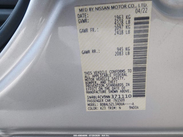 Продаж на аукціоні авто 2022 Nissan Altima Sr Fwd, vin: 1N4BL4CV9NN371110, номер лоту: 45654896