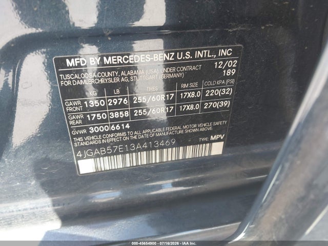Aukcja sprzedaży 2003 Mercedes-benz Ml 350, vin: 4JGAB57E13A413469, numer aukcji: 45654900