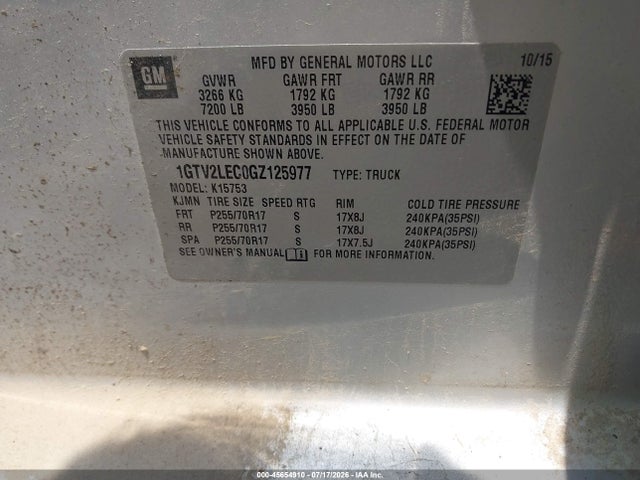 45654910 :رقم المزاد ، 1GTV2LEC0GZ125977 vin ، 2016 Gmc Sierra 1500 مزاد بيع