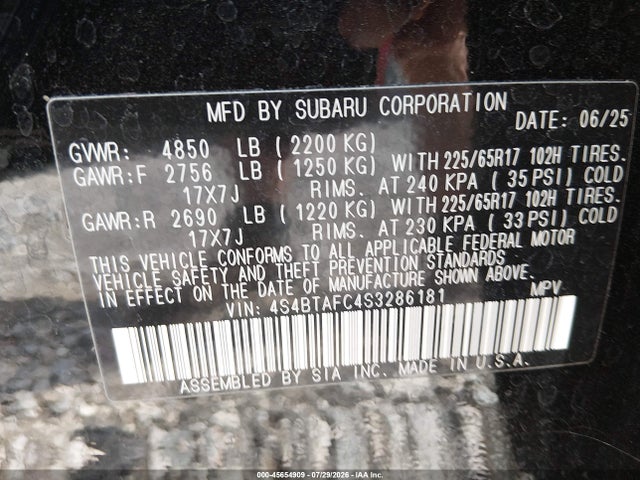 Aukcja sprzedaży 2025 Subaru Outback Premium, vin: 4S4BTAFC4S3286181, numer aukcji: 45654909