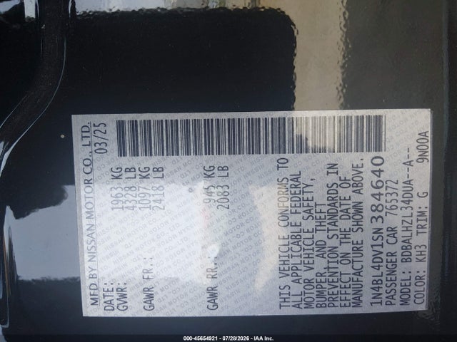Продажа на аукционе авто 2025 Nissan Altima Sv Fwd, vin: 1N4BL4DV1SN384640, номер лота: 45654921