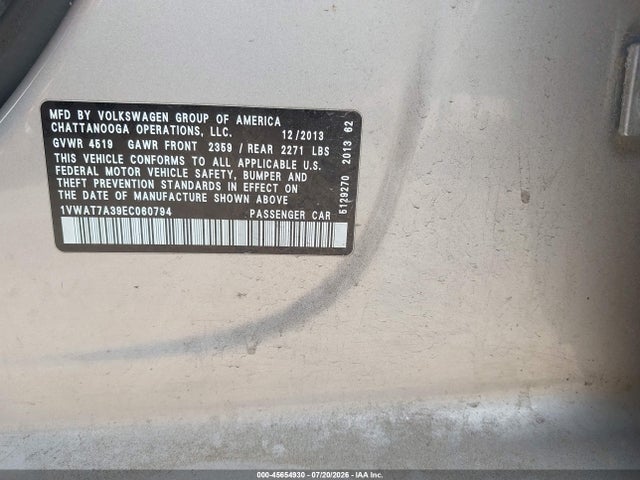 45654930 :رقم المزاد ، 1VWAT7A39EC060794 vin ، 2014 Volkswagen Passat 1.8t S مزاد بيع