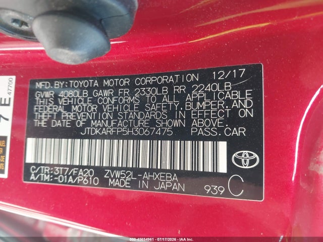 2017 Toyota Prius Prime Plus მანქანა იყიდება აუქციონზე, vin: JTDKARFP5H3067475, აუქციონის ნომერი: 45654961