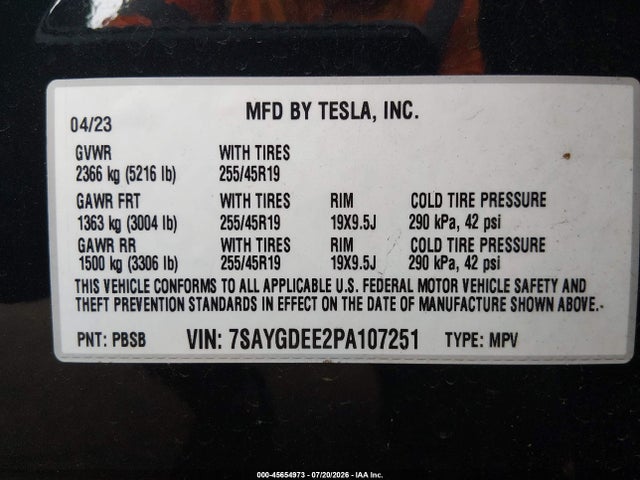 Продаж на аукціоні авто 2023 Tesla Model Y Awd/long Range Dual Motor All-wheel Drive, vin: 7SAYGDEE2PA107251, номер лоту: 45654973