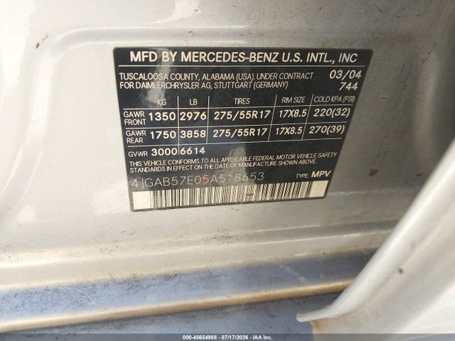 Продаж на аукціоні авто 2005 Mercedes-benz Ml 350 4matic, vin: 4JGAB57E05A518653, номер лоту: 45654988