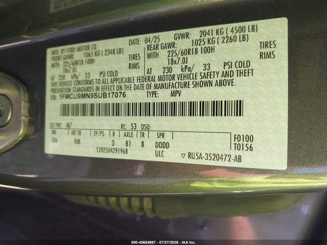 45654997 :رقم المزاد ، 1FMCU9MN9SUB17076 vin ، 2025 Ford Escape St-line مزاد بيع