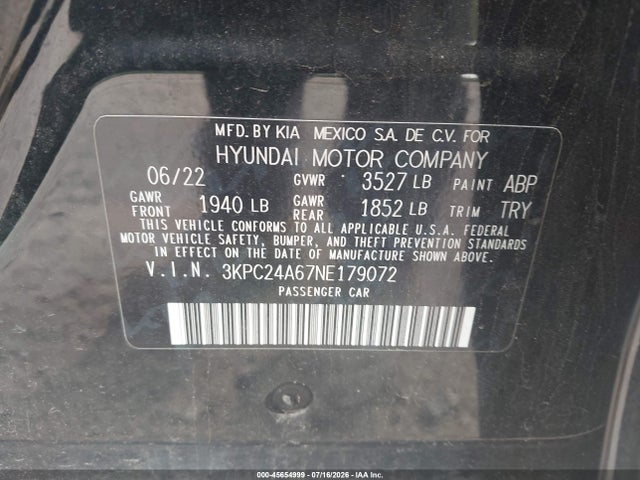 Продаж на аукціоні авто 2022 Hyundai Accent Sel, vin: 3KPC24A67NE179072, номер лоту: 45654999