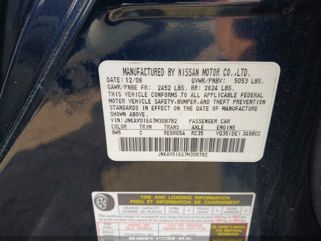 Продаж на аукціоні авто 2007 Infiniti M35, vin: JNKAY01E47M308782, номер лоту: 45655010