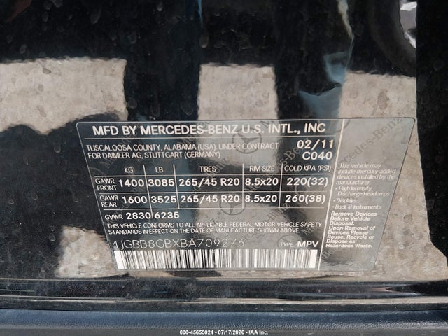 Продаж на аукціоні авто 2011 Mercedes-benz Ml 350 4matic, vin: 4JGBB8GBXBA709276, номер лоту: 45655024