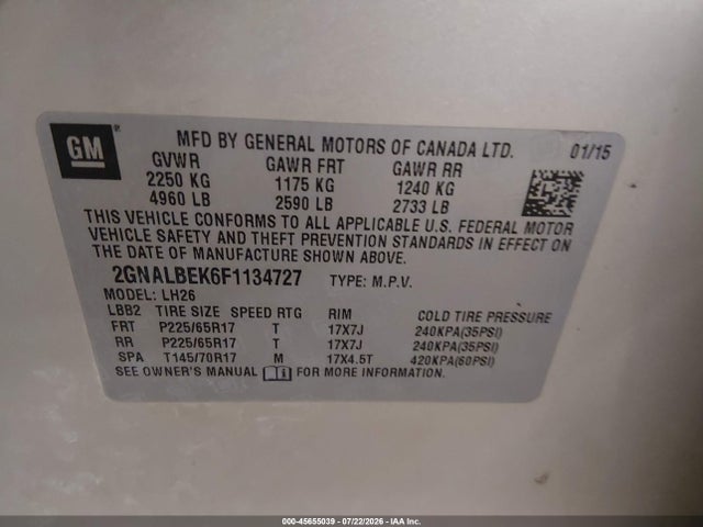 2015 Chevrolet Equinox Lt მანქანა იყიდება აუქციონზე, vin: 2GNALBEK6F1134727, აუქციონის ნომერი: 45655039
