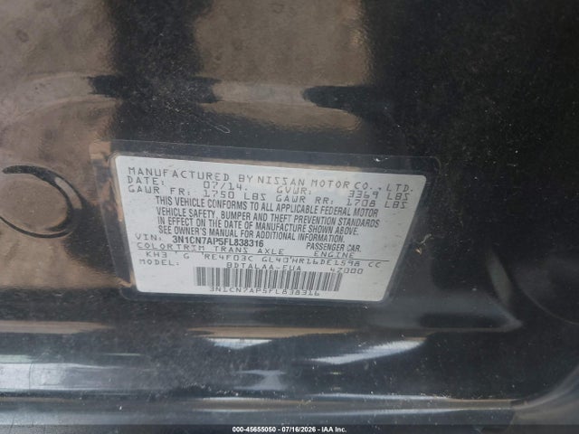 45655050 :رقم المزاد ، 3N1CN7AP5FL838316 vin ، 2015 Nissan Versa 1.6 S مزاد بيع
