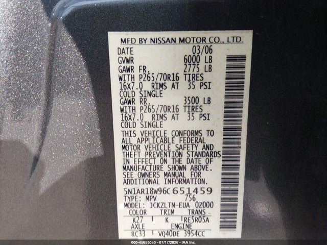 Aukcja sprzedaży 2006 Nissan Pathfinder Se, vin: 5N1AR18W96C651459, numer aukcji: 45655080