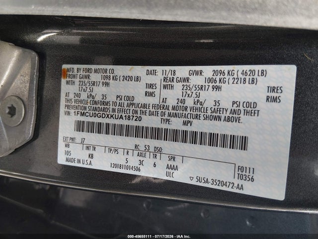 45655111 :رقم المزاد ، 1FMCU0GDXKUA18720 vin ، 2019 Ford Escape Se مزاد بيع