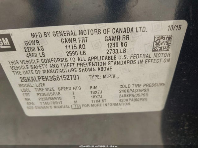 2016 Gmc Terrain Slt მანქანა იყიდება აუქციონზე, vin: 2GKALPEK3G6152701, აუქციონის ნომერი: 45655118