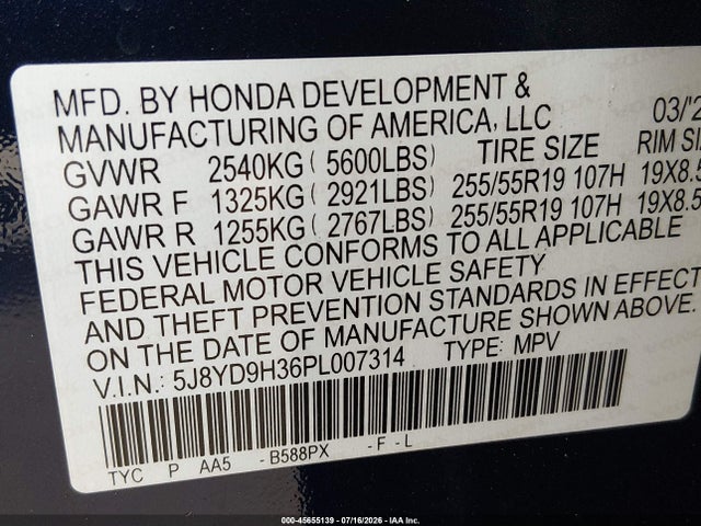 45655139 :رقم المزاد ، 5J8YD9H36PL007314 vin ، 2023 Acura Mdx Standard مزاد بيع