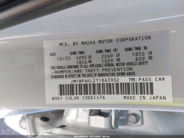 45655150 :رقم المزاد ، JM1BPAKL2T1863902 vin ، 2026 Mazda Mazda3 2.5 S Select Sport مزاد بيع