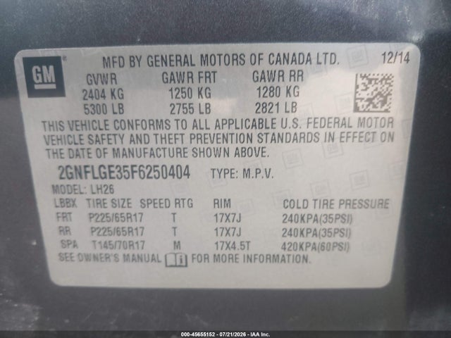 45655152 :رقم المزاد ، 2GNFLGE35F6250404 vin ، 2015 Chevrolet Equinox Lt مزاد بيع