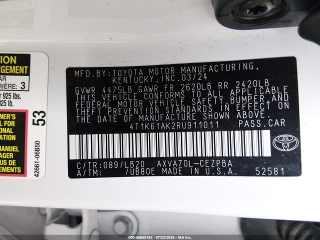 2024 Toyota Camry Xse მანქანა იყიდება აუქციონზე, vin: 4T1K61AK2RU911011, აუქციონის ნომერი: 45655162