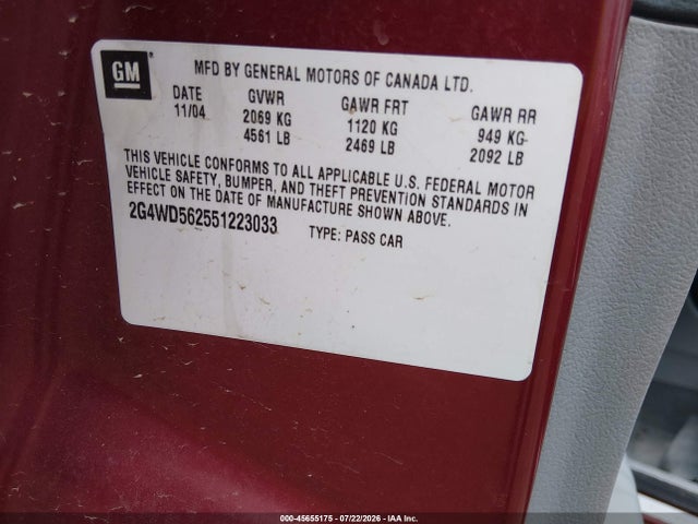 Продаж на аукціоні авто 2005 Buick Lacrosse Cxl, vin: 2G4WD562551223033, номер лоту: 45655175