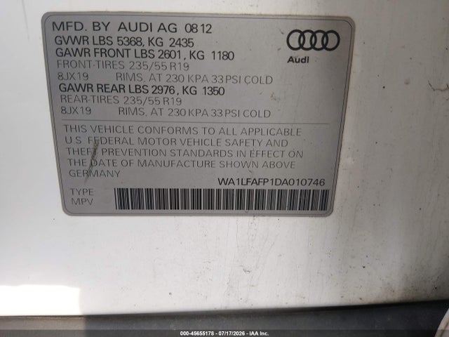 Aukcja sprzedaży 2013 Audi Q5 2.0t Premium, vin: WA1LFAFP1DA010746, numer aukcji: 45655178