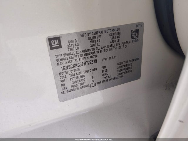 45655200 :رقم المزاد ، 1GNSCKKC9FR722579 vin ، 2015 Chevrolet Suburban Ltz مزاد بيع