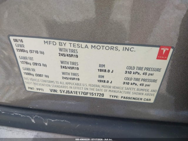 Продажа на аукционе авто 2016 Tesla Model S 60/70/75/85, vin: 5YJSA1E17GF151720, номер лота: 45655229