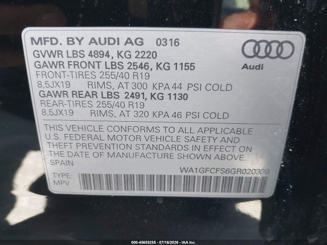 Aukcja sprzedaży 2016 Audi Q3 2.0t Premium Plus, vin: WA1GFCFS6GR020339, numer aukcji: 45655255