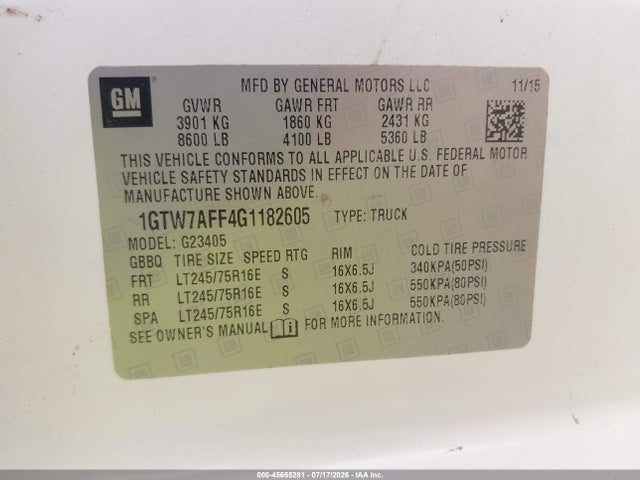2016 Gmc Savana 2500 Work Van მანქანა იყიდება აუქციონზე, vin: 1GTW7AFF4G1182605, აუქციონის ნომერი: 45655281