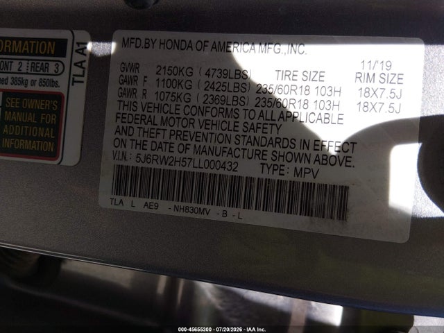 Aukcja sprzedaży 2020 Honda Cr-v Awd Ex, vin: 5J6RW2H57LL000432, numer aukcji: 45655300