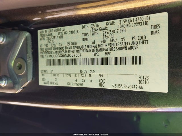 Ford ESCAPE SE 2016 1FMCU9GX6GUC67537 Image 9