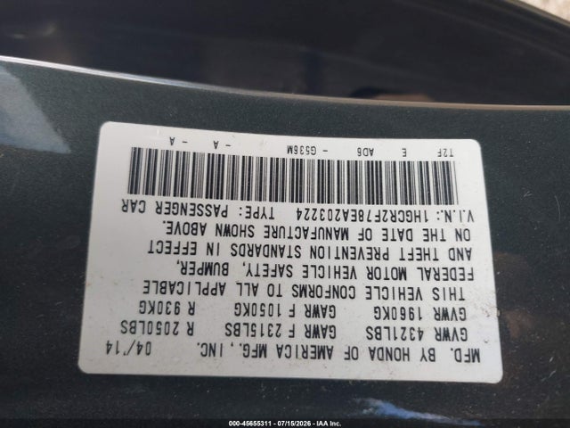 Honda ACCORD EX 2014 1HGCR2F78EA203224 Image 9