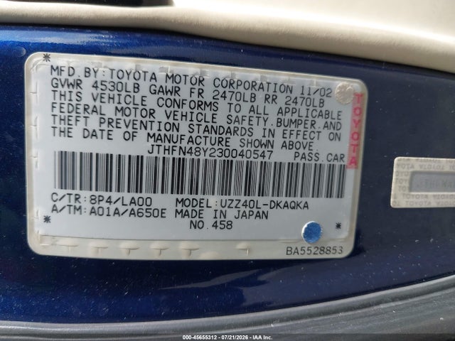 45655312 :رقم المزاد ، JTHFN48Y230040547 vin ، 2003 Lexus Sc 430 مزاد بيع