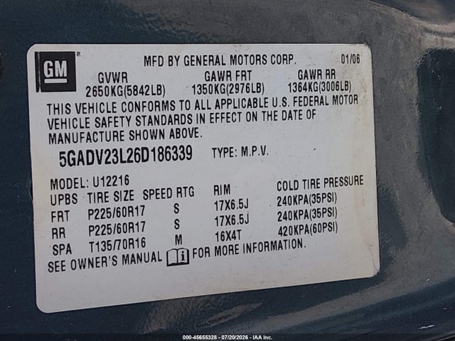 Aukcja sprzedaży 2006 Buick Terraza Cx, vin: 5GADV23L26D186339, numer aukcji: 45655328