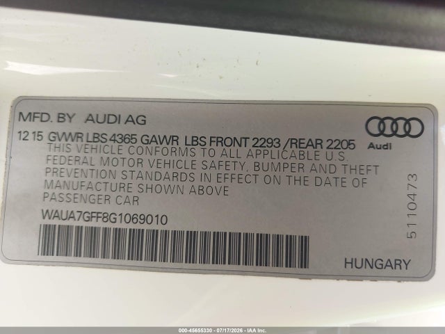 Продажа на аукционе авто 2016 Audi A3 1.8t Premium, vin: WAUA7GFF8G1069010, номер лота: 45655330