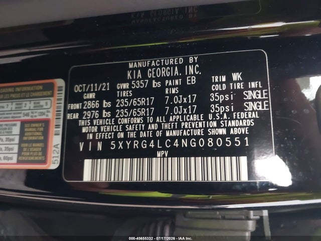 45655332 :رقم المزاد ، 5XYRG4LC4NG080551 vin ، 2022 Kia Sorento Lx مزاد بيع