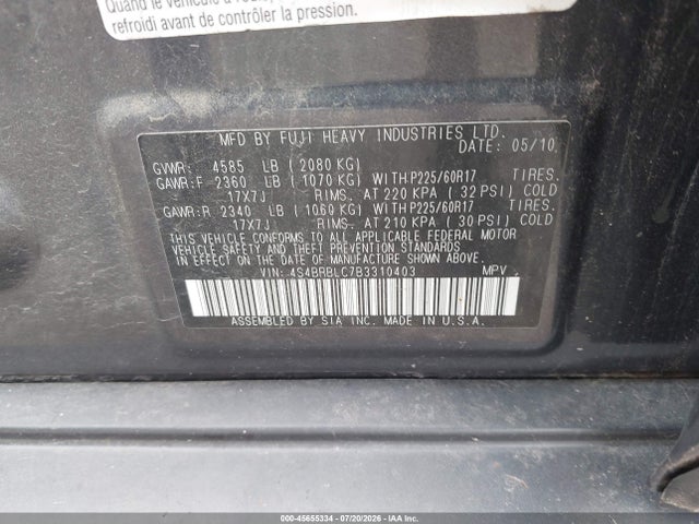 Продаж на аукціоні авто 2011 Subaru Outback 2.5i Limited, vin: 4S4BRBLC7B3310403, номер лоту: 45655334