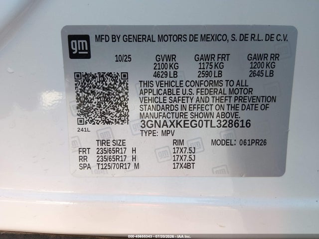 45655343 :رقم المزاد ، 3GNAXKEG0TL328616 vin ، 2026 Chevrolet Equinox Fwd Activ مزاد بيع