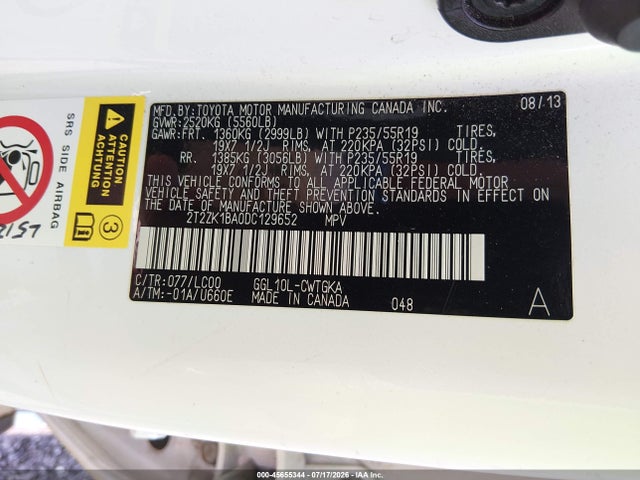 45655344 :رقم المزاد ، 2T2ZK1BA0DC129652 vin ، 2013 Lexus Rx 350 مزاد بيع