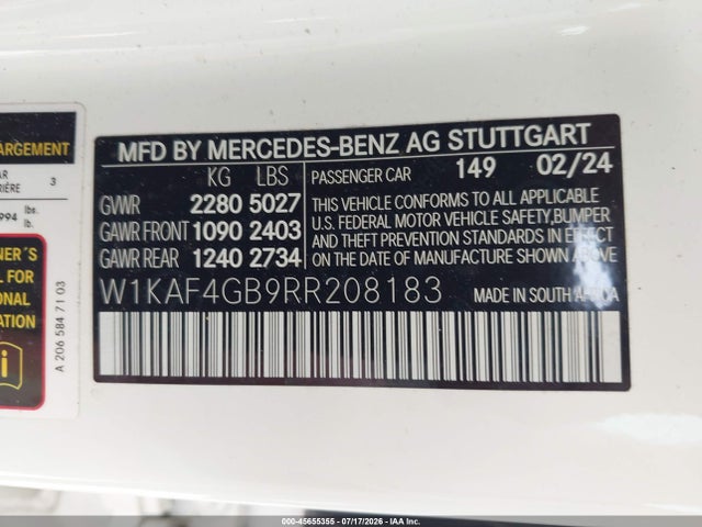 45655355 :رقم المزاد ، W1KAF4GB9RR208183 vin ، 2024 Mercedes-benz C 300 مزاد بيع