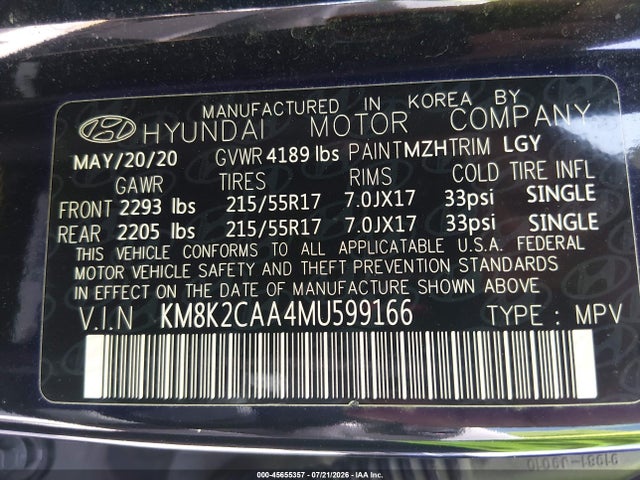Aukcja sprzedaży 2021 Hyundai Kona Sel, vin: KM8K2CAA4MU599166, numer aukcji: 45655357