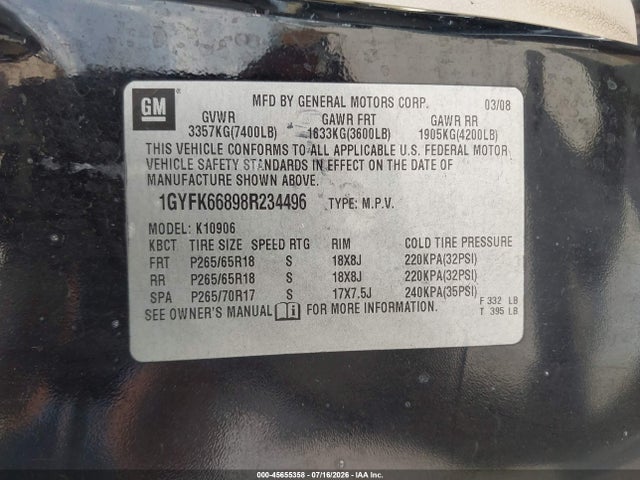 Продажа на аукционе авто 2008 Cadillac Escalade Esv, vin: 1GYFK66898R234496, номер лота: 45655358