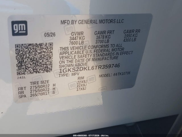 45655368 :رقم المزاد ، 1GKS2DKL6TR359746 vin ، 2026 Gmc Yukon 4wd Denali مزاد بيع