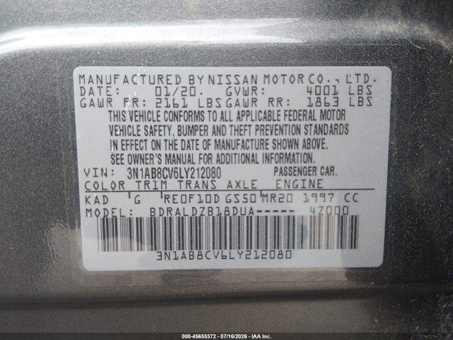 2020 Nissan Sentra Sv Xtronic Cvt მანქანა იყიდება აუქციონზე, vin: 3N1AB8CV6LY212080, აუქციონის ნომერი: 45655372