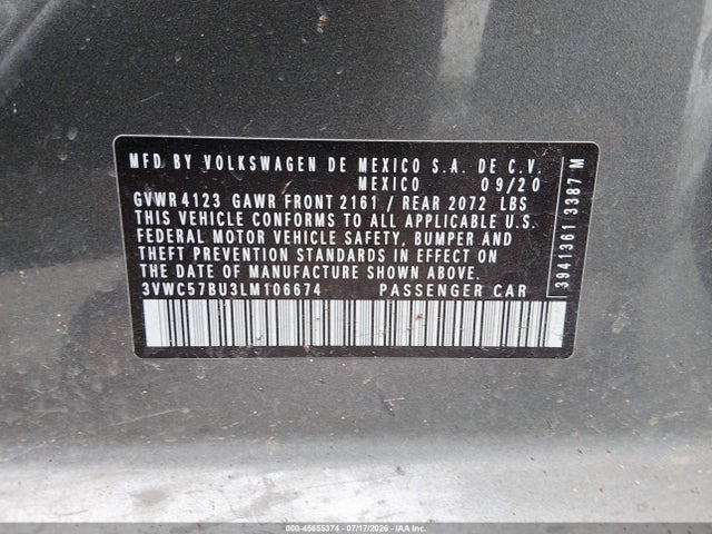 Продажа на аукционе авто 2020 Volkswagen Jetta 1.4t R-line/1.4t S/1.4t Se, vin: 3VWC57BU3LM106674, номер лота: 45655374