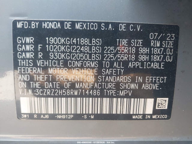 45655380 :رقم المزاد ، 3CZRZ2H58RM714486 vin ، 2024 Honda Hr-v Awd Sport/awd Sport W/o Bsi مزاد بيع